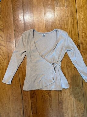 Old Navy Ribbed Wrap Long-Sleeve Top in Beige